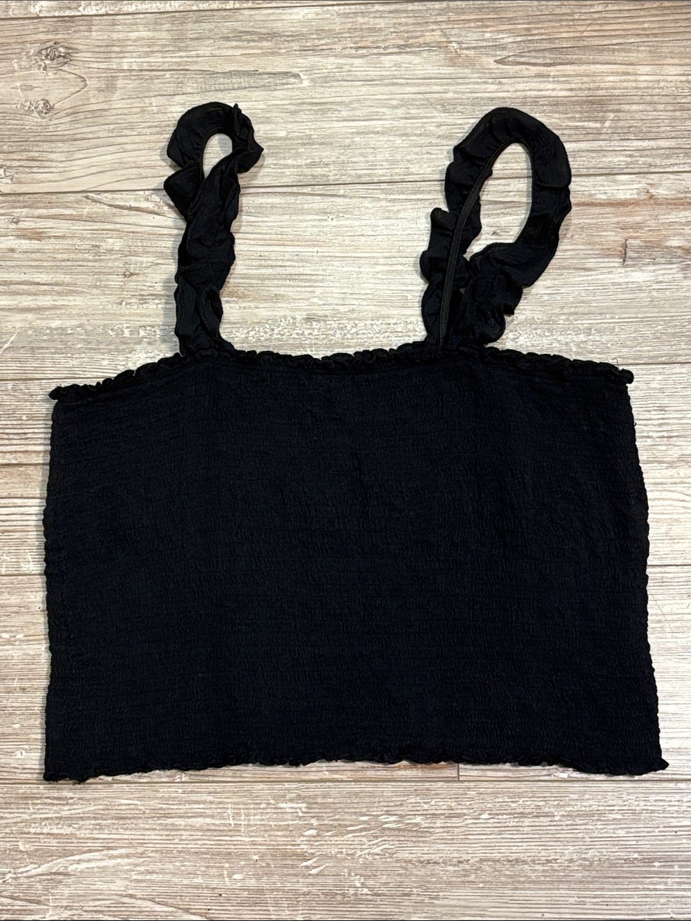 aerie Black Smocked Ruffle-Strap Crop Top